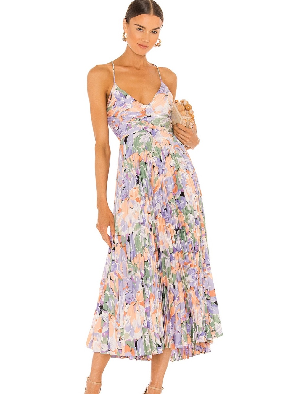 Astr Lavender & Peach Floral Pleated Midi Dress